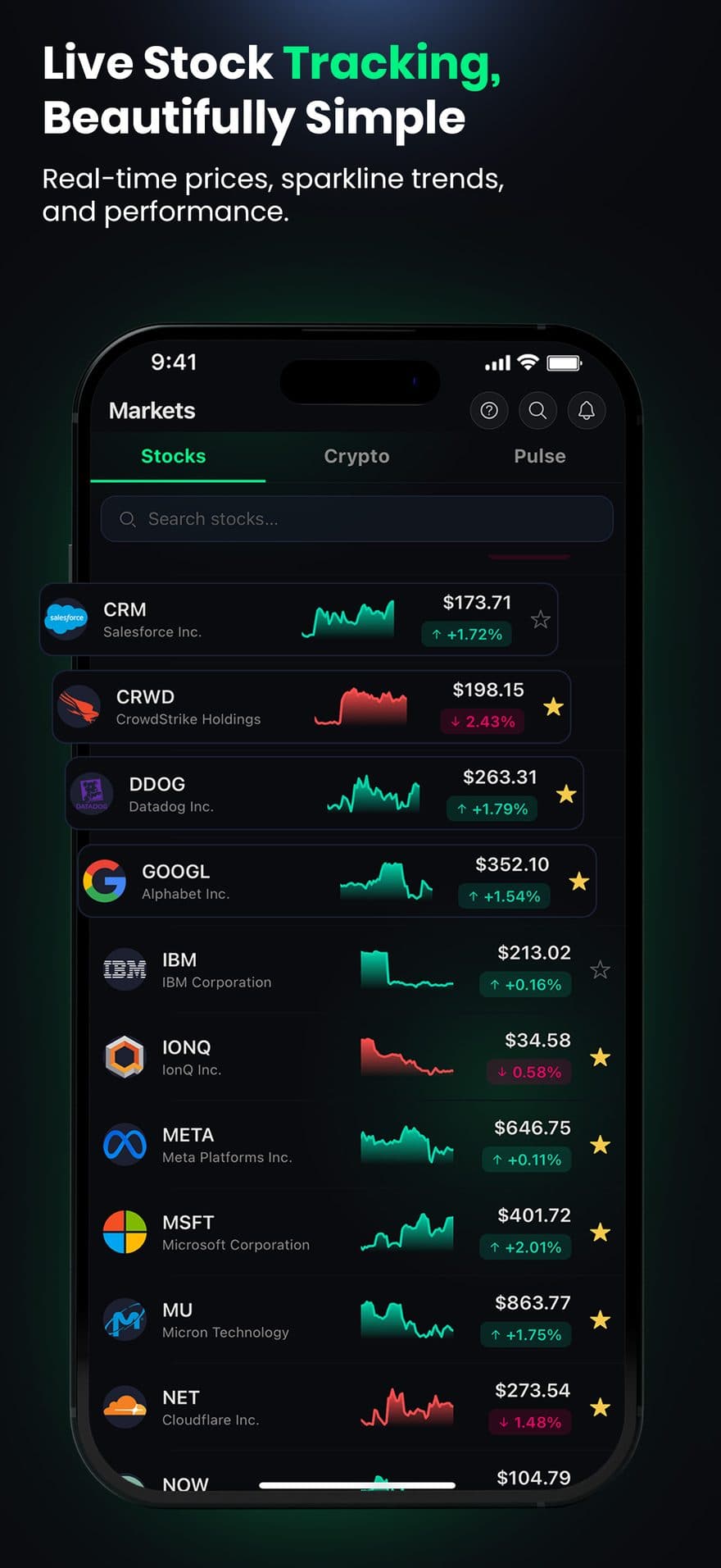 Nexfuse: Live prices & sparkline trends across stocks and crypto